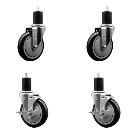 Service Caster 5'' SS Black Poly Wheel Swivel 1-3/4'' Expanding Stem Caster Set 2 Brakes, 4PK SCC-SSEX20S514-PPUB-BLK-2-TLB-2-134